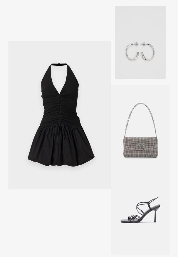 Mustmustega, millel on sügav V-kaelus, kokku kogutud kehaosa ja lühike seelikuosa. Valmistatud pehmest kangast, millel on sile tekstuur ja nööriga detail.; Mustad musta värvi kontsandaalid on varustatud peente rihmadega, millel on sõlmekujundus, siledad ruudukujulised varbad ja stiilne stilettokonts.; Helehall metallik handbags, millel on kett, kaunistatud väikeste ümmarguste metallist õmblustega ja kolmnurkse brändi logoga.; Hõbedased rõngaskõrvarõngad, millel on sile ja läikiv pind. Ümar kuju, kerge disain, millel on post-tagumise kinnituse süsteem.