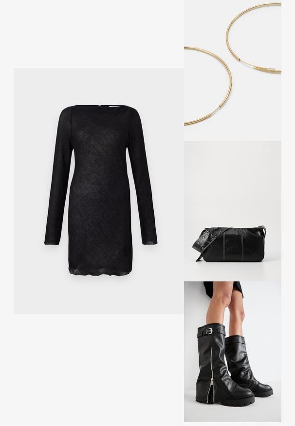 Melnā garā piedurkne kleita caurspīdīgā, strukturēta audumā ar noapaļotu dekoltē un izliekumu apakšmalā. Iekļautas diskrētas aizmugures rāvējslēdzis.; Melnas ādas zābaki līdz ceļiem ar plašu šuvi, ar sānu rāvējslēdzēju un sprādzi, teksturētu apdari un masīvu gumijas zoli.; Melnas ādas plecu soma ar rāvējslēdzēja aizdari, ar teksturētu virsmu, baltu dūrienu un siksnu ar sudraba iekavām.; Zelta krāsas auskari gredzena formā, plāni un apaļi, ar gludu metāla apdari un bez rotājumiem vai zīmējumiem.