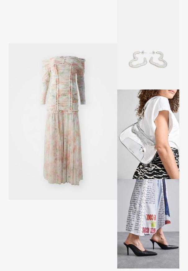 Rochie florală cu umerii descoperiți, cu detalii volanate, dintr-un material ușor în nuanțe moi de roz și verde, având fusta plisată.; Muli negri din piele cu vârful ascuțit și toc stiletto, asortați cu o îmbrăcăminte albă cu un model care dispune de detalii cu șireturi.; Geantă de umăr metalică argintie, cu o textură netedă, design curbat, curea din lanț și un panou frontal lustruit, având o gravură subtilă a logo-ului.; Cercei din metal de culoare argintie, cu un design ondulat și abstract, împodobit cu cristale mici și strălucitoare. Închidere cu tijă sigură.