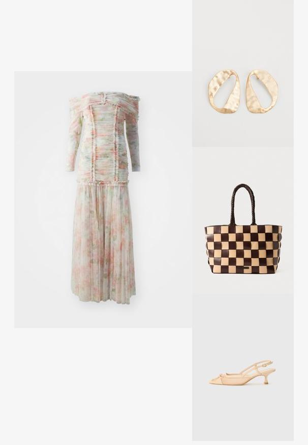 Off-shoulder blomsterkjole med flæse detaljer, lavet af letvægtsstof i bløde pink og grønne nuancer, med en plisseret nederdel.; Stuart Weitzman KITTY - Pumps - beige/barely beige; Brun og beige læder tote taske med et vævet ternet mønster og flettede håndtag på en hvid baggrund.; Et par uregelmæssige ovalformede øreringe i guldtonet metal med en tekstureret, let hamret overflade på en hvid baggrund.