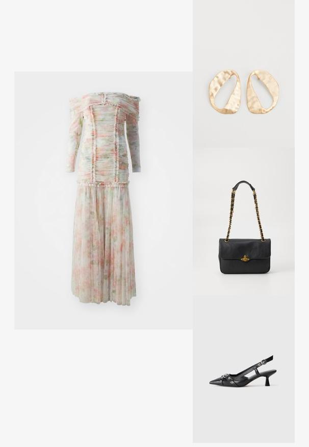 Off-shoulder blomsterkjole med flæse detaljer, lavet af letvægtsstof i bløde pink og grønne nuancer, med en plisseret nederdel.; Sort lædersandal med spids tå, dekorative stropper med metaløjer og en lav blokhæl. Struktureret overflade.; Sort læderhåndtaske med en fold-over klaff, guldfarvet kædestrop og logo hardwaredetalje på forsiden. Glat tekstur.; Et par uregelmæssige ovalformede øreringe i guldtonet metal med en tekstureret, let hamret overflade på en hvid baggrund.