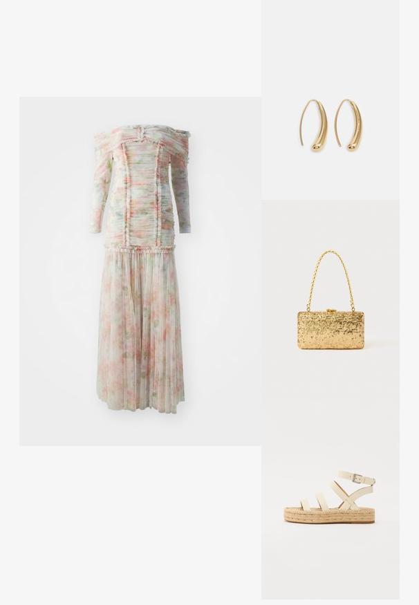 Schulterfreies Blumenmuster-Kleid mit Rüschendetails, aus leichtem Stoff in sanften Rosa- und Grüntönen, mit einem plissierten Rock.; Hellbeige Leder-espadrillesandalette mit vier überkreuzten Riemen und einem Knöchelverschluss, ausgestattet mit einer geflochtenen Jutesohle und einer flachen Gummisohle.; Goldene Pailletten-Clutch mit rechteckiger Form, ausgestattet mit einem gedrehten Kettenhenkel und einem Metallverschluss, der das Licht mit einer strukturierten Oberfläche reflektiert.; Goldfarbene Metall-Hoops mit einer geschwungenen, länglichen Form. Sie verfügen über eine glatte, glänzende Oberfläche und eine abgerundete Spitze für zusätzliche Details.
