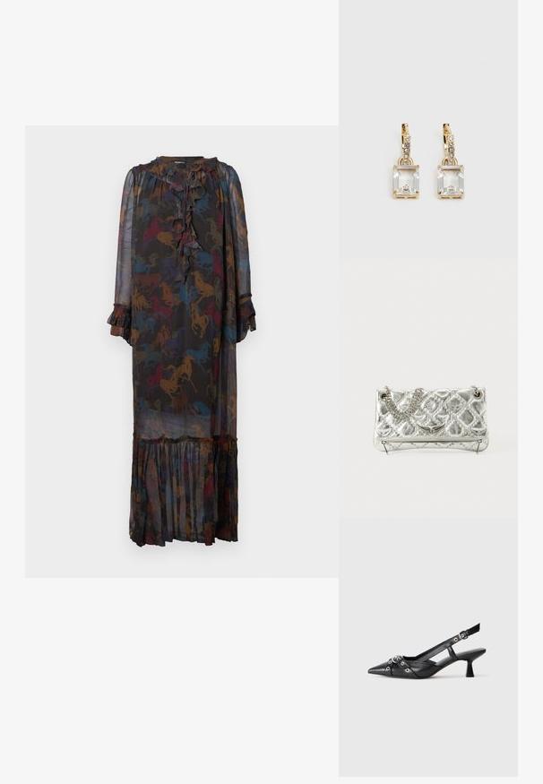 Long sheer black dress with multicolored horse print, ruffled neckline and cuffs, and a tiered hem.; Black leather slingback shoe with a pointed toe, decorative straps featuring metal eyelets, and a low block heel. Textured surface.; Silver metallic handbag with chain handle, quilted texture, decorative stitching, and a zip closure. Features embossed accents on the front.; Gold-tone earrings featuring a rectangular, clear crystal dangling below a row of small, round clear accents. Sleek, modern design.