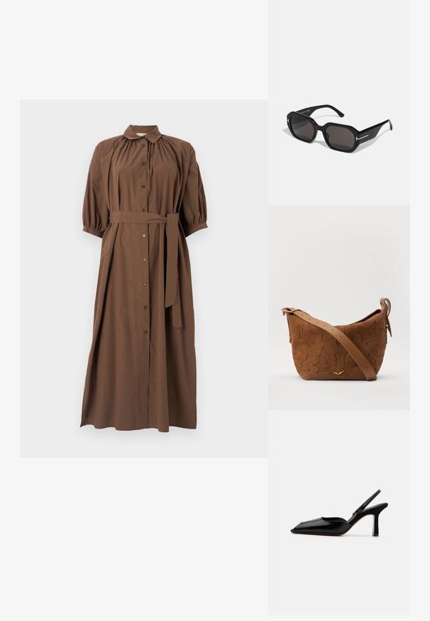 Abito marrone con colletto, chiusura a bottoni sul davanti, maniche a palloncino corte, cintura in vita e silhouette svasata fluida.; Décolleté nera in pelle con punta affusolata, design minimalista, sottile cinturino alla caviglia e tacco a stiletto elegante. Texture liscia.; Occhiali da sole neri a forma ottagonale con lenti scure. Presentano una montatura elegante e lucida. Sottili dettagli dorati sulla parte frontale e sui lati arricchiscono il design.; Borsa a spalla in suede marrone con design floreale impresso, completata da una morbida tracolla in pelle marrone e dettagli in metallo dorato.