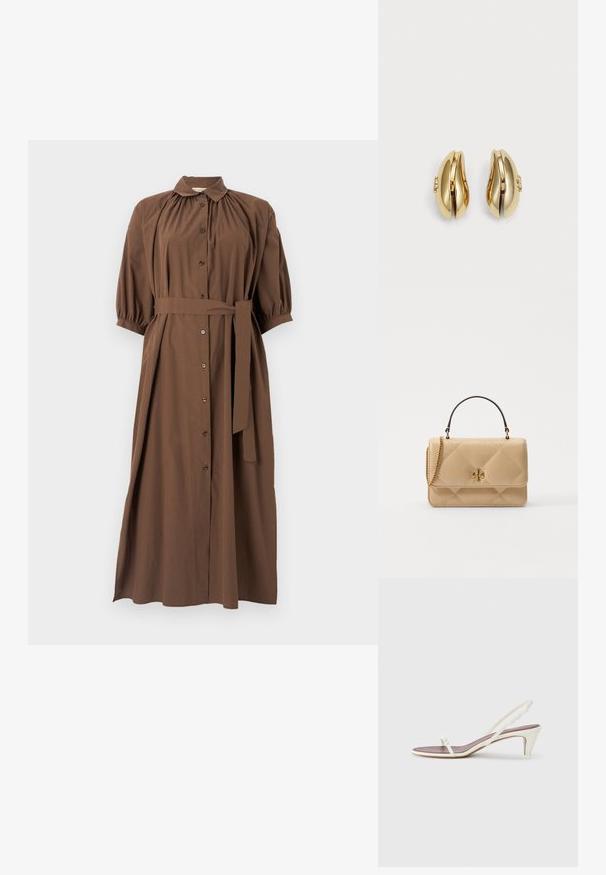 Robe marron à col, avec un bouton devant, des manches courtes bouffantes, une ceinture à la taille et une silhouette évasée fluide.; Sandales blanches à talon léger avec des fines lanières et une texture en cuir lisse ; elles sont dotées d'une petite boucle décorative.; Sac à main en cuir beige matelassé avec quincaillerie dorée, une chaîne en bandoulière et une anse supérieure. Dispose d'un rabat à l'avant et d'un détail de logo signature.; Boucles d'oreilles en ton or avec un design fluide et courbé. Chaque boucle d'oreille présente une surface lisse et un petit fermoir avec un détail décoratif.