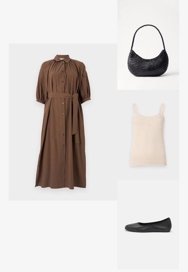 Ruda suknelė su apykakle, su sagų užsegimu priekyje, trumpomis pūstomis rankovėmis, juosmens diržu ir plazdančia A formos siluetu.; Bežinė raukšlėta maikutė su plonomis petnešomis ir apvaliu kaklu. Priekyje yra siuvinėtas logotipas. Lygus audinys, prigludęs dizainas.; Juodai odiniai baletai su apvaliu pirštu, lygi texture, minimalus siuvimo detales ir lanksčiu padų dizainu.; DRAGON DIFFUSION NOVA LUNA - Rankinė - black