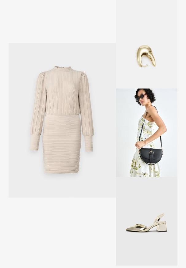 Bežinė pasiūta su raukiniais su aukštu kaklu, ilgomis pūstomis rankovėmis ir prigludusia siluetu, turinti subtilią tekstūrą visame audinyje.; Auksiniai, metaliniai slingback aukštakulniai bateliai su smailiu pirštu ir masyviu kulnu. Lygus paviršius, minimalizmo dizainas ir siaura juostelė.; Juodas odinis krepšys su išlenkta forma, nuimamu dirželiu ir auksiniais detalėmis. Krepšys turi kilpą su sagtimi.; Aukso tono metalinės auskarai su stilingu, kreiviu dizainu. Išsiskiria ryškiu smailiu pavidalu, poliruota paviršiumi ir užsegimu su vyriu.