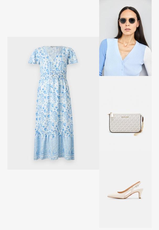 Blå maxiklänning med paisleymönster, korta puffärmar, V-ringning, elastiskt midjeband och volangdetalj i nederkanten. Tyget har blommönster.; Vit slingbackklack med spetsig tå, slät ovandel, låg blockklack och sidoutskärning med justerbar spänne.; Runda solglasögon med mörka linser och guldramar. Modellen bär en ljusblå, ribbad cardigan med knappar och kontrasterande vita ärmar.; Michael Kors handledos i beige belagd kanvas med ett upprepande MK-logomönster, gyllene detaljer och ett avtagbart kedjehandtag.