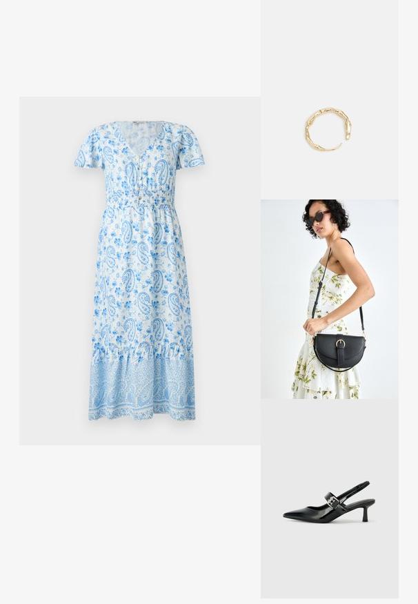 Mėlyna paisley rašto maksi suknelė su trumpomis pūstomis rankovėmis, V formos iškirpte, elastinga juosmens juosta ir raukšlėtais kraštais. Audinys puošia gėlių raštai.; Juodai lakuoti slingback aukštakulniai su smailiu kojų pirštu ir mažais blokiniais kulniukais, su sidabro sagtimi ant dirželio.; Juodas odinis krepšys su išlenkta forma, nuimamu dirželiu ir auksiniais detalėmis. Krepšys turi kilpą su sagtimi.; Auksinės spalvos žiedas, turintis organišką, sukimosi dizainą su lygiu paviršiumi ir siaurėjančiais galais, sukuriantis modernią skulptūrinę išvaizdą.