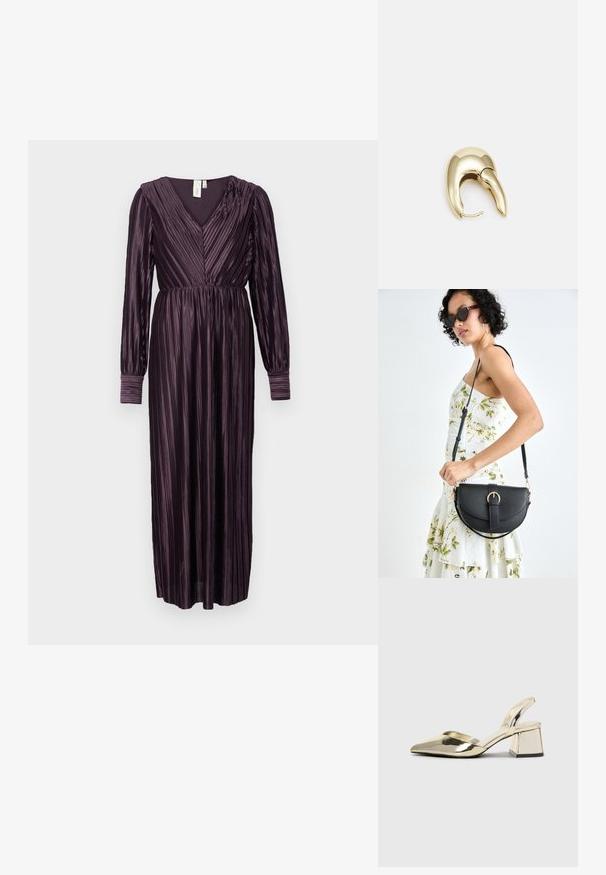 Dolga, slivkasto obarvana obleka z V-izrezom, dolgimi rokavi in vertikalnimi naborki. Mehka tekstura in nabrana pasovina poudarjata obliko in tok.; Zlati, kovinski slingback čeveljci z ostrim nosom in masivnim peto. Gladka tekstura, minimalistična zasnova in ozka zanka.; Črna usnjena torbica s ukrivljeno obliko, z odstranljivo naramnico in zlatimi dodatki. Torbica ima pokrov s podrobnostmi v obliki zaponke.; Uhane nakit iz zlatastega tona z gladko, ukrivljeno zasnovo. Ima edinstveno koničasto obliko, polirano površino in zaponko s tečajem.