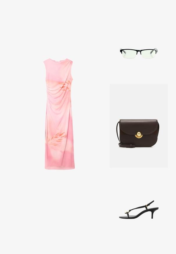 Sømløs kjole i letvægts pink stof, med sammensnøring på siden og et blomstermønster i bløde orange nuancer.; Sort læder kitten hæl sandal med tynde stropper, guldspænde og minimalistisk tå løkke på en hvid baggrund.; Sorte rektangulære briller med klare linser, der har slanke sorte stel og grå transparente brillestænger. Minimalistisk design, ingen synlig branding.; Furla SFERA CROSSBODY ROUND - Skuldertasker - cioccolato