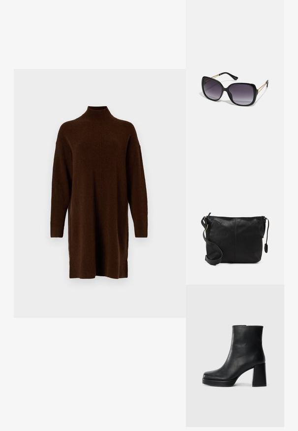 Vestido de suéter castanho com gola alta, mangas longas, punhos canelados e um corte relaxado. Textura suave e design até ao joelho.; Bota de couro preta até ao tornozelo com salto bloco e sola com plataforma, vista de lado sobre um fundo branco liso.; Óculos de sol oversized pretos com lentes degradê, armações grossas e detalhes em corrente dourada nas hastes.; Mala de ombro em couro preto com forma plana, detalhes em metal dourado e alça ajustável. Textura suave com detalhes de costura mínimos.