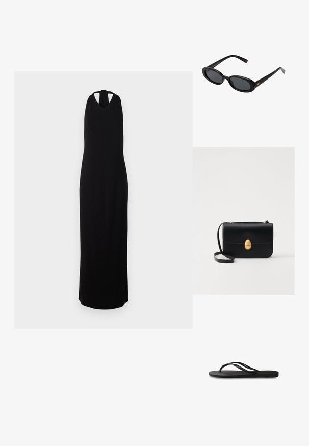 Vestido maxi negro sin mangas con cuello halter, hecho de una tela suave, cuenta con un escote en V y una silueta recta de largo hasta el suelo.; Chanclas negras con suela de goma texturizada, dos tiras delgadas y un sutil detalle de logo en relieve en la tira.; Gafas de sol grandes de color negro con lentes ovalados, montura de plástico suave y detalles dorados en las patillas. Los lentes oscuros ofrecen protección solar.; Bolso de mano de cuero negro con forma rectangular estructurada. Presenta un cierre ovalado dorado y una delgada correa para el hombro. Textura suave.