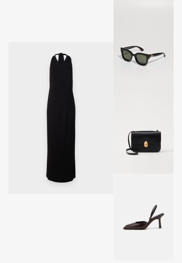 Černé bezramínkové maxivadlo s krčním střihem, vyrobené z jemné látky, má V-výstřih a rovný, sahající až na zem siluetu.; Hnědá lakovaná slingback lodička s špičatou špičkou a úzkým vysokým podpatkem. Má elegantní design a hladký povrch.; Černé obdelníkové sluneční brýle s tmavě zelenými skly. Vyznačují se lesklým plastovým rámem a zlatými kovovými doplňky po stranách.; Černá kožená kabelka se strukturovaným obdélníkovým tvarem. Obsahuje zlatou oválnou sponu a tenký ramenní popruh. Hladký povrch.