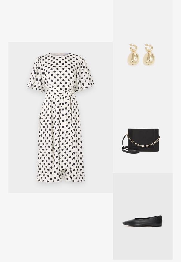 Bílé šaty s černými puntíky, krátkými nabíranými rukávy, kulatým výstřihem a odpovídajícím páskem v pase. Tkanina vypadá hladce a lehce.; Černé kožené baleríny, špičatá špička, minimalistický design, hladký povrch, nízký podpatek, žádné viditelné kovové prvky nebo ozdoby.; Černá kožená crossbody taška s hladkým povrchem, obdélníkovým tvarem a kovovým řetízkem na přední straně. Součástí je nastavitelný popruh.; Zlaté kruhové náušnice s hladkými, zaoblenými přívěsky s reflexním povrchem, zavěšené na texturovaném kroužkovém upevnění.