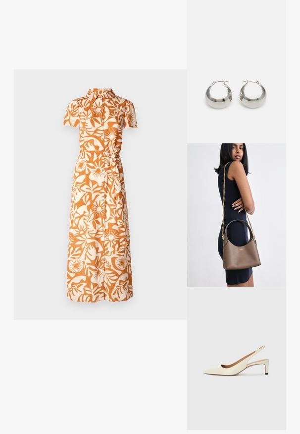 Kurzes Kleid in Orange und Beige mit floralem Muster, ausgestattet mit einem Kragen, Knöpfen und einem taillierten Detail.; Spitz zulaufender Slingback-Schuh aus cremefarbenem Leder, ausgestattet mit einem niedrigen Absatz und einem ausgeschnittenen Design mit glatter Textur und minimalen Akzenten.; Braune Lederhandtasche mit geschwungener Silhouette, goldener Kettenumhänge und geprägtem Logo; vor einem neutralen Hintergrund präsentiert.; Silberne Metall-Hoops mit einer glatten, glänzenden Oberfläche und einem strukturierten, runden Design. Verfügt über einen Scharnierverschluss für einen sicheren Sitz.
