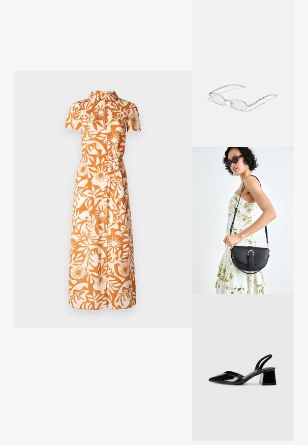 Kratke rukave haljina u narančastoj i bež boji s cvjetnim uzorkom, s ovratnikom, gumbima i detaljem strukiranja.; Crne lakirane kožne sandale s otvorenom petom i špicastim vrhom, s geometrijskom blok petom. Imaju elegantan, minimalistički dizajn i glatku teksturu.; Ovalne naočale s metalnim srebrnim okvirom, prozirnim staklima i teksturiranim bisernim detaljima na krakovima. Lagani dizajn s zakrivljenim krakovima.; Crna kožna torba s lukovitim oblikom, odvojivim remenom i zlatnim detaljima. Torba ima preklop s kopčom.