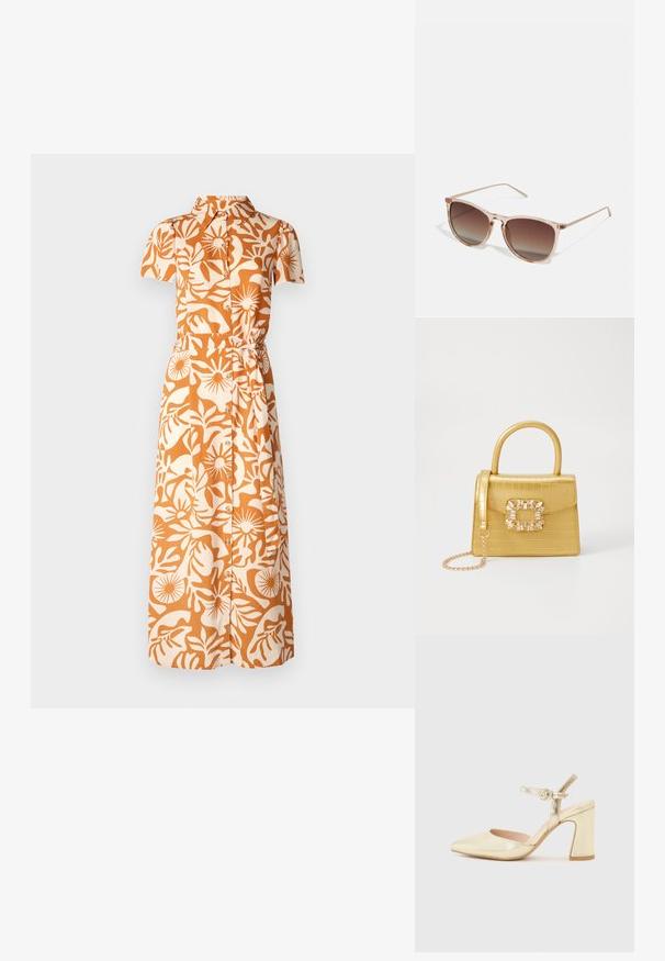 Kurzes Kleid in Orange und Beige mit floralem Muster, ausgestattet mit einem Kragen, Knöpfen und einem taillierten Detail.; Goldfarbene, metallic-überzogene, hochhackige Schuhe mit einer spitzen Zehenpartie, einem Knöchelriemen mit einem runden Verschluss und einem klobigen Absatzdesign. Glatte Textur.; Braune Farbverlauf-Sonnenbrille mit einem durchscheinenden rosa Rahmen, quadratischer Form und dünnen Metallbügeln. Verfügt über abgerundete Kanten und minimale Details.; Gelbe Kunstleder-Handtasche im Krokodil-Look mit strukturiertem Design, Obergriff, abnehmbarem Kettenriemen und dekorativer Kristallverzierung am Verschluss.