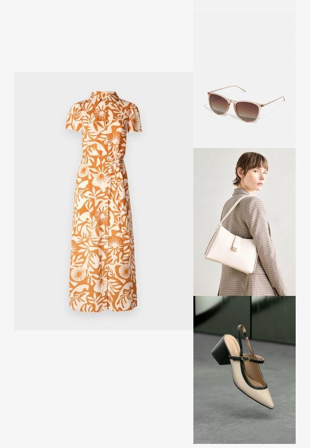 Lyhythihainen mekko oranssina ja beigeinä kukkakuviolla, jossa on kaulus, napit ja vyötärön yksityiskohta.; Beige slingback-kengät, joissa on musta reuna, kultahakas, ja paksu lohkoheel, harmaalla lattialla tummanvihreää taustaa vasten.; Ruskean sävyinen aurinkolasimalli, jossa on läpikuultava vaaleanpunainen runko, neliömäinen muoto ja ohuet metalliset varret. Lasimallissa on pyöristetyt reunat ja minimaalinen yksityiskohtaisuus.; Valkoinen nahkainen käsilaukku, jossa on jämäkkä muotoilu, magneettinen suljin ja olkahihna, esillä neutraalilla taustalla.