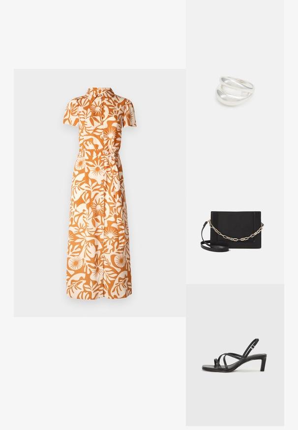 Kortærmet kjole i orange og beige med blomstermønster, der har krave, knapper og en indsnævret talje.; Sort remsandale med firkantet tå og en lav blokeret hæl. Har flere tynde stropper og en justerbar ankelrem. Fremstillet af glat læder.; Sort læder crossbody taske med en glat tekstur, rektangulær form og en metallisk kæde detalje foran. Justerbar skulderrem inkluderet.; Sølvring med dobbeltbånd og en glat, poleret overflade. Den har et flydende, buet design med overlappende sektioner for et moderne udtryk.