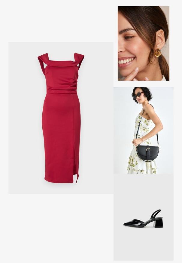Vestido midi ajustado vermelho feito de um tecido suave. Apresenta decote quadrado, ombros drapeados e uma fenda lateral para um detalhe adicional.; Sandy em verniz preto com salto slingback, ponta afilada e salto geométrico. Apresenta um design elegante e minimalista com textura suave.; Bolsa de couro preta com forma curva, alça destacável e detalhes em dourado. A bolsa possui uma aba com detalhe de fivela.; Pendentes de argola em ouro com designs circulares entrelaçados e acabamento polido, em contraste com um fundo neutro.