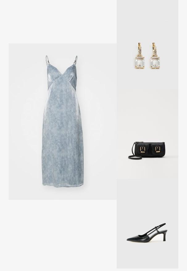Satin haljina bez rukava u svijetloplavoj boji s teksturiranim uzorkom, s podesivim naramenicama i dizajnom s preklapanjem sprijeda. Srednje dužine s glatkom završnom obradom.; Crne lakirane slingback pete s oštrim vrhom, s teksturiranim uzorkom zmijske kože, podesivom remenom i kratkom, teksturiranom blok-petom.; Crna kožna torba preko ramena s dva prednja džepa, zlatnim kopčama, zatvaranjem na zip i uskim remenom. Teksturirana površina i kompaktan pravokutan oblik.; Zlatne naušnice s pravokutnim, prozirnim kristalom koji visi ispod niza malih, okruglih prozirnih akcenata. Elegantni, moderni dizajn.