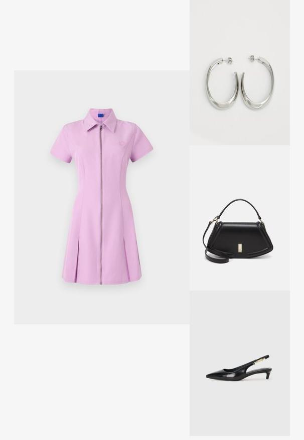 Rochie cu mânecă scurtă și fermoar, de culoare roz deschis, cu guler, fustă plisată și un logo brodat pe piept. Material neted cu o formă ușor structurată.; Sandale slingback din piele neagră cu vârf ascuțit, având un toc subțire și un accent de culoare aurie pe curea ajustabilă. Textură netedă.; Geantă de umăr din piele neagră, cu un design structurat, având o formă tăiată, mânere superioare și accente din aur. Include o curea de umăr ajustabilă.; Cercei din argint, cu un design neted și curbat. Prezintă o finisare metalică strălucitoare și închidere cu stud. Fără modele sau accente vizibile.
