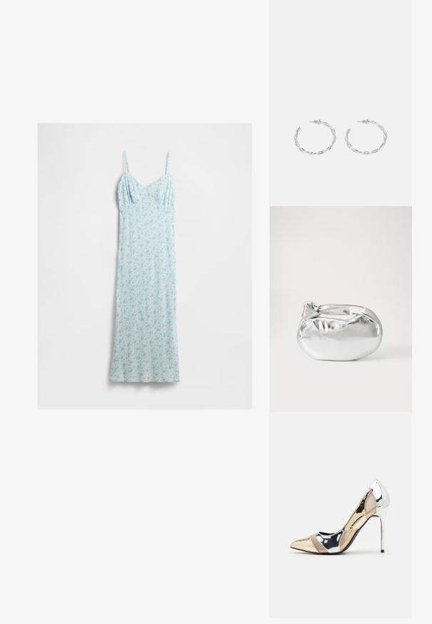 Maxi dress senza maniche di un leggero blu chiaro con spalline sottili e una piccola stampa floreale rosa, appesa su uno sfondo bianco.; Scarpa con tacco alto a punta, con una combinazione di colori argento, oro e nudo. Finitura lucida con design a ritaglio, con tacco a stiletto.; Borsa a pochette metallica argentea con una forma morbida e arrotondata e chiusura superiore annodata. Realizzata in materiale sintetico morbido.; Orecchini a cerchio in argento con un design torciglionato, caratterizzati da una finitura lucida e chiusura a perno. Misurano circa 3 cm di diametro.