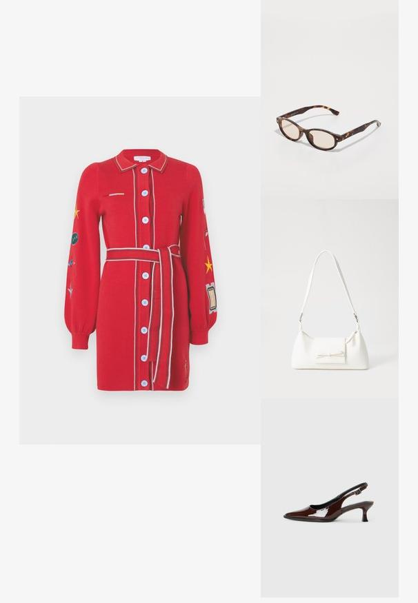 Czerwona dzianinowa sukienka z zapięciem na guziki, długimi rękawami, pasiastym kołnierzykiem i paskiem w talii. Posiada wyszywane naszywki oraz kontrastujące niebieskie guziki.; Brązowe lakierowane skórzane buty na obcasie typu slingback z ostrym noskiem i umiarkowanym obcasem. Posiadają pasek z klamrą dla zapewnienia stabilnego dopasowania. Gładka tekstura.; Okulary przeciwsłoneczne w kolorze tortoiseshell o okrągłym kształcie i jasnych soczewkach. Posiadają mocne zauszniki z małymi złotymi akcentami, wykonane z materiału plastikowego.; Biała syntetyczna torba o trójkątnym kształcie, płaskim przednim klapce i detalach w postaci kokardy, regulowanym pasku, gładkiej fakturze oraz minimalistycznym designie.