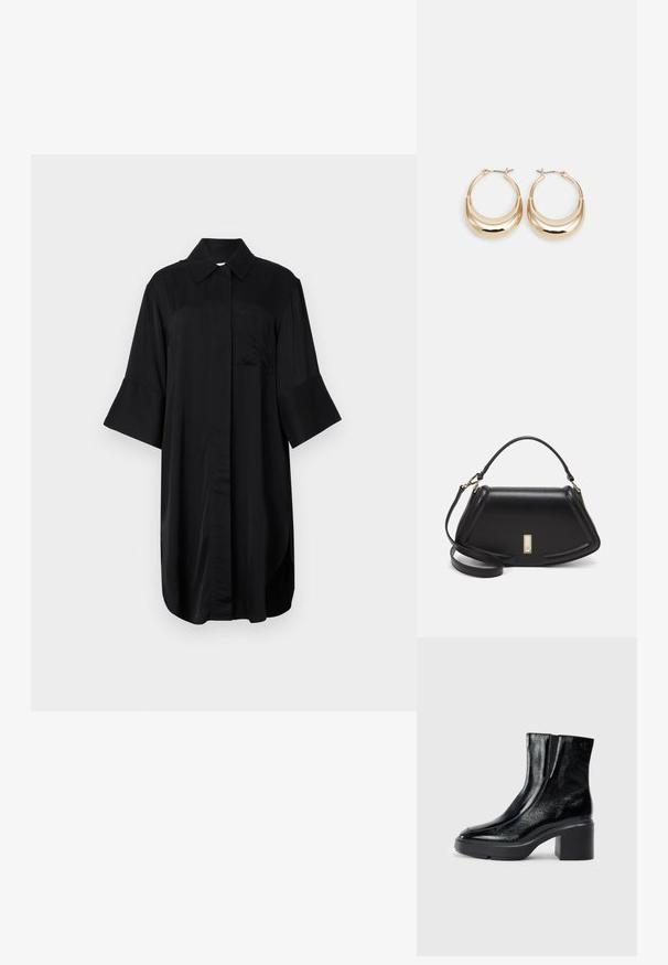 Vestido negro con cuello camisa, mangas cortas de campana, un bolsillo en el frente y corte recto con una textura suave.; Botas de tobillo de charol negro con puntera curva, paneles laterales elásticos y un tacón ancho. Presentan un logo embosado en la parte posterior.; Bolso de mano de cuero negro con un diseño estructurado, que presenta una forma recortada, asa superior y acentos en dorado. Correa de hombro ajustable incluida.; Pendientes de aro en tono dorado con forma de media luna, superficie pulida y cierre tipo bisagra. La textura suave y el acabado reflectante mejoran la visibilidad.