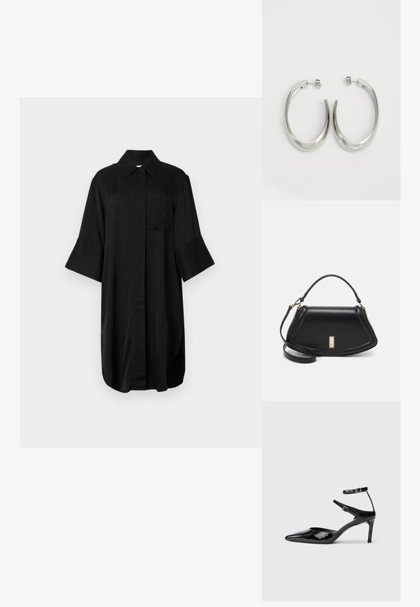 Sort skjortekjole med krave, korte trumpetærmer, en frontlomme og lige snit med en glat tekstur.; Sorte laklæderhæle med spids tå, justerbare ankelstropper og en slank hæl. Glat tekstur med en skinnende finish.; Sort læderhåndtaske med en struktureret design, der har en kortet form, tophåndtag og guld hardware-accenter. Justerbar skulderrem inkluderet.; Sølv hoops øreringe med et glat, buet design. Har en skinnende metallisk finish og studs-lukning. Ingen synlige mønstre eller accenter.