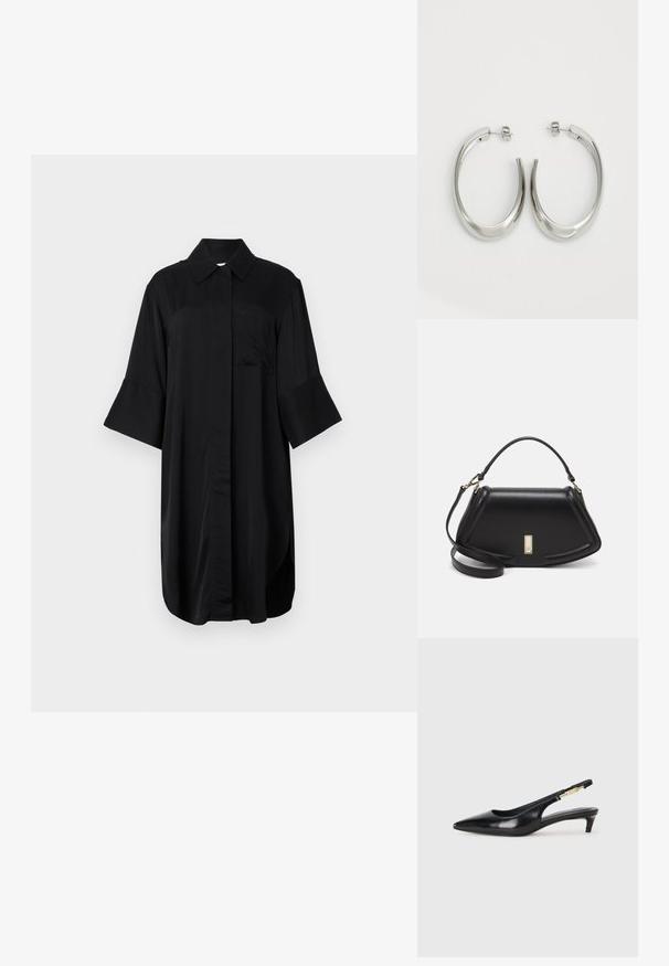Crna haljina košulja sa kragnom, kratkim zvonastim rukavima, prednjim džepom i ravnim krojem s glatkom teksturom.; Crne kožne sandale s petom, s izduženim vrhom, imaju usku petu i zlatni akcent na podesivoj traci. Glatka tekstura.; Crna kožna torba s strukturiranim dizajnom, s krojenim oblikom, gornjom drškom i zlatnim detaljima. Uključena je podesiva ramena traka.; Srebrne kružne naušnice s glatkim, zakrivljenim dizajnom. Imaju sjajnu metalnu završnu obradu i kopču na tipku. Nema vidljivih uzoraka ili ukrasa.