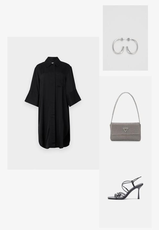 Must mustrükkidega must kleit, millel on krae, lühikesed kellukesed varrukad, ees tasku ja sirge lõige, pehme tekstuuriga.; Mustad musta värvi kontsandaalid on varustatud peente rihmadega, millel on sõlmekujundus, siledad ruudukujulised varbad ja stiilne stilettokonts.; Helehall metallik handbags, millel on kett, kaunistatud väikeste ümmarguste metallist õmblustega ja kolmnurkse brändi logoga.; Hõbedased rõngaskõrvarõngad, millel on sile ja läikiv pind. Ümar kuju, kerge disain, millel on post-tagumise kinnituse süsteem.