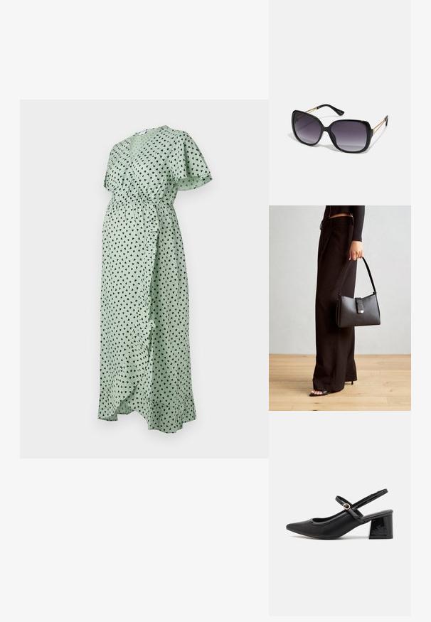 Rochie verde dintr-un material lejer, cu imprimeu negru în formă de inimă, mâneci vaporoase, talie elastică, detaliu cu volan pe față și un design fluid, lung până la gleznă.; Cizme cu toc slingback din piele sintetică lacuită neagră, cu vârful ascuțit, un design cu decupaj rotunjit și toc bloc. Include un accent cu cataramă de culoare aurie.; Ochelari de soare negri, supradimensionați, cu lentile degradate, rame groase și detalii cu lanț de ton auriu pe brațele templului.; Genți negre cu o formă structurată, textură netedă și un închizător metalic. Asortată cu pantaloni negri largi și sandale cu vârf deschis pe un podea din lemn.