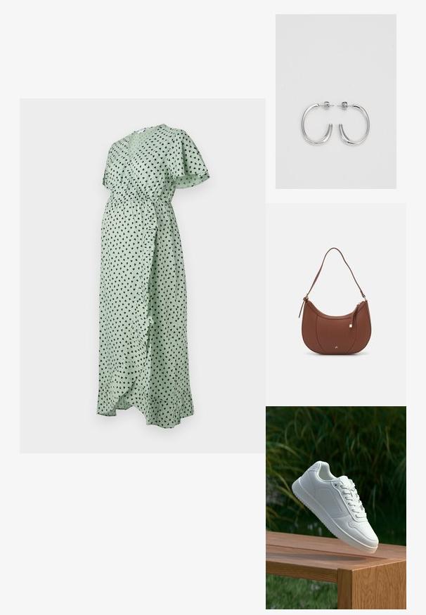 Zaļš apģērbs ar melnu sirds rakstu, flutter piedurknēm, elastīgu jostasvietu, fliteru detaļām pa priekšu un plūstošu, potītes garuma dizainu.; Baltie sporta apavi ar gludu sintētisku augšpusi, perforētu pirkstu daļu, plakani šņorēm un rakstainu zoli, novietoti uz koka virsmas.; Brūns mākslīgās ādas pleca soma ar izliekta forma, minimāls šuvums un zelta toņa aparatūras akcenti. Aprīkota ar augšējo rāvējslēdzēju un regulējamu siksnu.; Sudraba riņķveida auskari ar gludu, spīdīgu apdari. Apaļas formas, viegla dizaina, ar aizdari uz stieples.