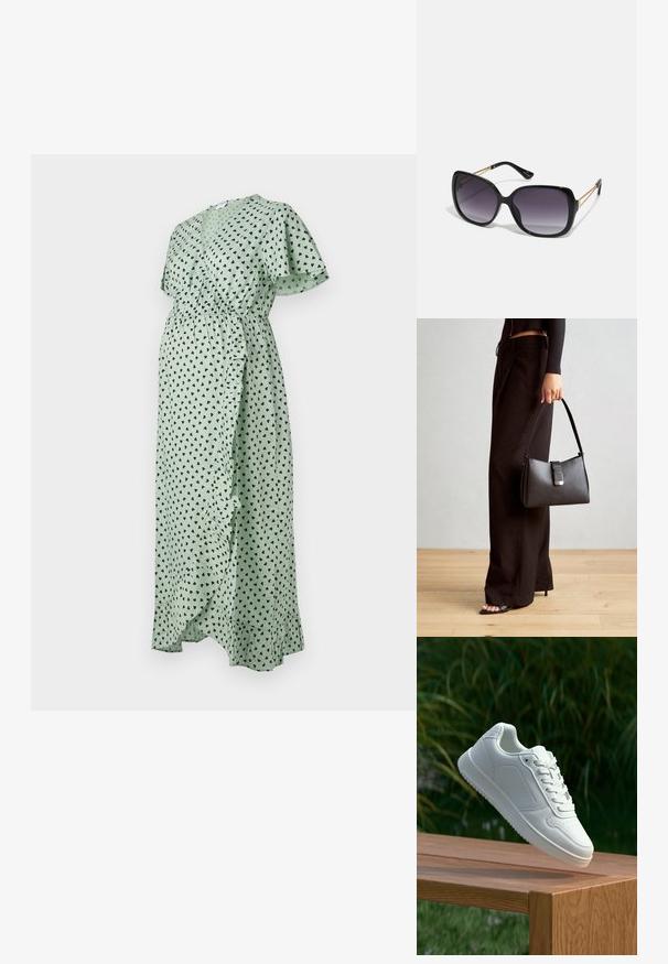 Roheline kleit mustade südameprintidega, hõljuvad varrukad, elastne vöökoht, volangid esiküljel ja voolav, pahkluuni ulatuv disain.; Valged sneakerd, millel on sile sünteetiline ülemine osa, väikeste aukudega varvaskast, lamedad paelad ja tekstuuriga tald, eksponeeritud puidust pinnal.; Mustad ümarad päikeseglaasid, millel on gradient objektiivid, paksud raamid ja kuldse tooni kettaga kaunistused tempelitel.; Must musta kott, millel on struktureeritud kuju, sile tekstuur ja metallist klamber. Kombineeritud laiate mustade pükstega ja avatud varvaste sandaalidega puidust põrandal.