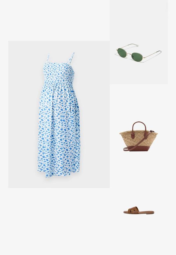 Blå blommig midiklänning med tunna remmar och en smockad bodice, med ett lätt, texturerat tyg mot en vit bakgrund.; Brun lädersandaler med korslagda remmar, platt sula och en jämn textur. Enkel design utan utsmyckningar eller mönster.; Solförmda solglasögon med guldram och gröna ovala linser samt tunna metalldelar. Utrustad med klara plastspetsar på armarna för ökad komfort.; Vävd halmstruktur med bruna läderdetaljer, två handtag och en avtagbar rem. Böjd form med en stabil botten.