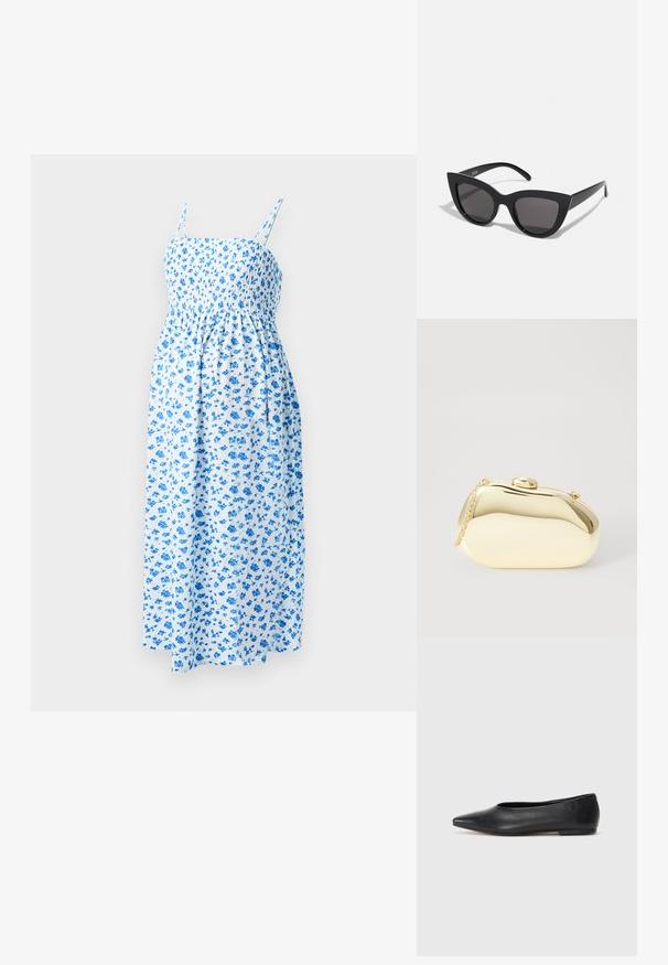 Rochie midi florală albastră cu bretele subțiri și un corset plisat, având un material ușor, texturat pe un fundal alb.; Balerini din piele neagră, vârf ascuțit, design minimalist, textură netedă, toc de mică înălțime, fără hardware sau embellishments vizibile.; Ochelari de soare negri, forma cat-eye, cu un finisaj mat, având lentile gri și unghiuri ascuțite, precum și brațe laterale elegante. Numele brandului este vizibil pe brațul interior.; Clutch metalizat de culoare aurie, cu o formă netedă și rotundă, având un închizător tip buton în partea de sus și o curea mică pentru purtare.