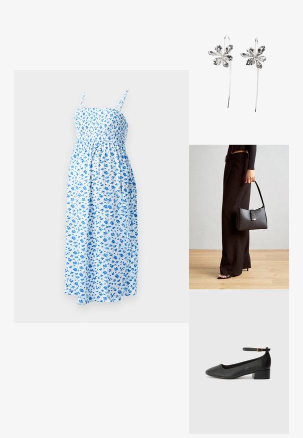 Mėlynas gėlių midi suknelė su plonais petnešomis ir susiraukšlėjusia liemene, pasižyminti lengvu, tekstūruotu audiniu ant balto fono.; Juodas odinis aukštakulnis batelis su smailiu pirštu ir žemu bloku. Su kulkšnies dirželiu su auksinės spalvos sagtimi. Lygus paviršius.; Juodas rankinė struktūrizuota forma, lygi tekstūra ir metalinis užsegimas. Suporuota su plačiomis juodomis kelnėmis ir atvirais bateliais ant medinių grindų.; Sidabrinės gėlių formos auskarai su tekstūruotu paviršiumi, turintys ilgas kabliuko formas ir žiedlapiams panašius detalizavimo elementus, sudarantys sudėtingą dizainą.