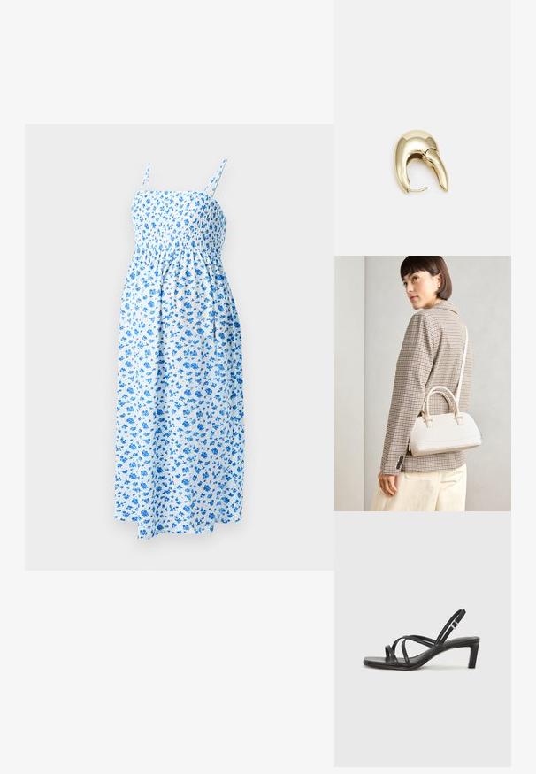Mėlynas gėlių midi suknelė su plonais petnešomis ir susiraukšlėjusia liemene, pasižyminti lengvu, tekstūruotu audiniu ant balto fono.; Juodi šlepetės su kvadratiniu pirštu ir žemu bloku kulnu. Yra keli ploni dirželiai ir reguliuojamas kulkšnies diržas. Pagaminti iš lygios odos.; Balta struktūruota rankinė su trumpomis rankenomis ir peties diržu, su auksinėmis detalėmis ir tekstūruota medžiaga, pastatyta prieš pilką foną.; Aukso tono metalinės auskarai su stilingu, kreiviu dizainu. Išsiskiria ryškiu smailiu pavidalu, poliruota paviršiumi ir užsegimu su vyriu.