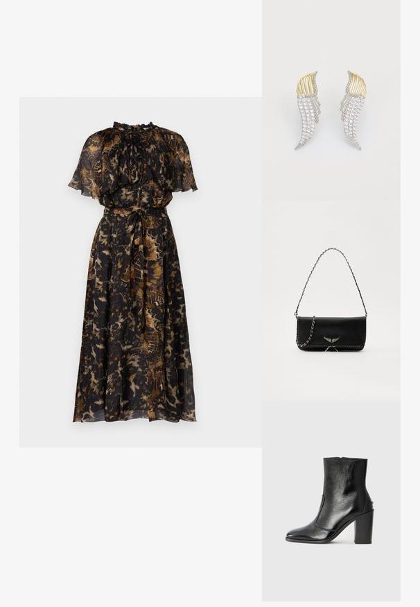 Černé a vícebarevné květinové šaty s krátkými volány, stahovaným pasem a zavazovací šňůrkou. Lehká, splývavá látka.; Černé kožené kotníkové boty s hladkou texturou, špičatou špičkou a robustním vysokým podpatkem. Mají boční otvor a minimalistický design.; Černá kožená kabelka se stříbrným řetízkovým popruhem, zdobená dekorativními křídly a bílým prošíváním podél spodního švu.; Dvoje náušnic ve tvaru křídel, vyrobené ze stříbrně tónovaného kovu s čirými kulatými kamínky a zlatě tónovanými akcenty v vrstveném designu.