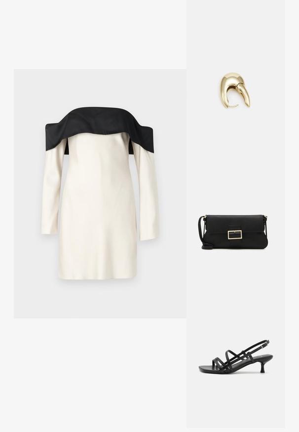 Bezplecu kleita ar melnu satīna apkakli, garām piedurknēm un krēmkrāsas audumu. Gluda struktūra ar piegulošu dizainu.; Melni papēžu sandales ar vairākiem krustveida siksnām. Gluda materiāla, norādīta purngala un šaura papēža. Regulējama potītes siksna ar sprādzīti.; Melnas ādas saķeres soma ar atloku un zelta metāla sprādzi. Ietver melnu siksnu un elegantu, minimālistisku dizainu.; Zeltīti metāla auskari ar gludu, izliekta dizaina. Ar atšķirīgu smailu formu, pulētu virsmu un eņģu aizdari.