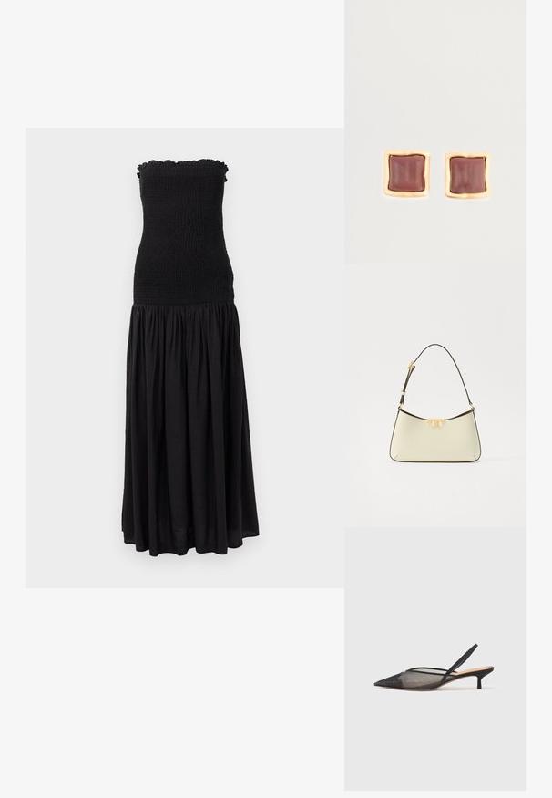 Black maxi dress with a smocked bodice, ruffled top edge, and flowing skirt. Fabric appears lightweight with a subtle texture.; NEOUS IRENA - Classic heels - black; Leather handbag in cream with a curved shape. Features a gold-tone logo accent and a thin, adjustable dark strap.; Square stud earrings featuring a deep burgundy center with a gold-tone, textured frame. Smooth surface with rounded edges.