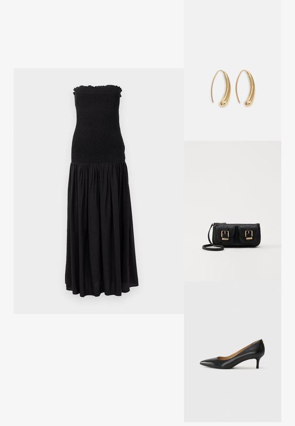 Zwarte maxi-jurk met een gerimpelde buste, gerimpelde bovenrand en een vloeiende rok. De stof lijkt lichtgewicht met een subtiele textuur.; Zwarte leren pump met een puntige teen, lage hak en een gladde textuur. Heeft een lichte opening aan de voorkant en minimale hardware aan de achterkant.; Zwarte leren schoudertas met twee vo pockets, gouden gespen, ritsluiting en een smalle band. Tekstuur oppervlak en compacte rechthoekige vorm.; Gouden metalen oorbellen in de vorm van een gebogen, verlengde hoop. Kenmerkend zijn het gladde, glanzende oppervlak en de afgeronde punt voor extra detail.