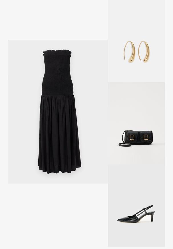 Crna maksi haljina s smockanim dekolteom, volanastim gornjim rubom i lepršavom suknjom. Tkanina izgleda lagano s suptilnom teksturom.; Crne lakirane slingback pete s oštrim vrhom, s teksturiranim uzorkom zmijske kože, podesivom remenom i kratkom, teksturiranom blok-petom.; Crna kožna torba preko ramena s dva prednja džepa, zlatnim kopčama, zatvaranjem na zip i uskim remenom. Teksturirana površina i kompaktan pravokutan oblik.; Zlatne metalne naušnice u obliku obruča s zakrivljenim, izduženim oblikom. Imaju glatku, sjajnu površinu i zaobljeni vrh za dodatni detalj.