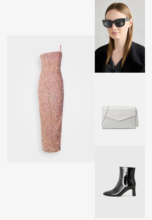 Uten stropper, tettsittende midikjole i lys rosa, pyntet med paljetter for tekstur og glans. Elegant silhuett med rett utringning.; Sorte patentlær ankle boot med spiss tå og en mellomhøy blokkhelt. Glatt tekstur og minimalistisk design.; Sorte katteøyne solbriller med mørke linser, tykke rammer og subtile detaljer. Båret med en svart frakk og grå topp, med langt, rett hår.; Sølv syntetisk skinn clutch-veske med konvoluttdesign, kjedehåndtak og en duskdetalj på den ene siden, med vinklede sømmer.