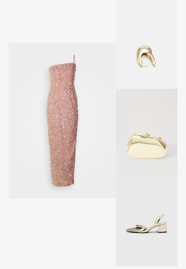 Bez petne, prigludusi midi suknelė šviesiai rožinės spalvos, puošta blizgučiais, kad suteiktų tekstūrą ir blizgesį. Sklandi siluetas su tiesia iškirpte.; Auksiniai, metaliniai slingback aukštakulniai bateliai su smailiu pirštu ir masyviu kulnu. Lygus paviršius, minimalizmo dizainas ir siaura juostelė.; Metalinis auksinis rankinukas su glotnia, suapvalinta forma, turintis viršutinį mygtuko užsegimą ir mažą grandinėlės dirželį nešiojimui.; Aukso tono metalinės auskarai su stilingu, kreiviu dizainu. Išsiskiria ryškiu smailiu pavidalu, poliruota paviršiumi ir užsegimu su vyriu.