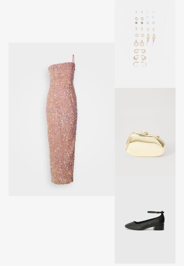 Bezplecu, pieguļošs midi kleita gaiši rozā krāsā, rotāta ar sekvīnēm, piešķirot tekstūru un spīdumu. Gluda silueta ar taisnu dekoltē.; Melnas ādas sūkņi ar smailu purngalu un zemu bloku papēdi. Iezīmēts ar potītes siksniņu ar zelta krāsas sprādzi. Gluda tekstūra.; Metāliska zelta maciņš ar gludu, noapaļotu formu, aprīkots ar augšējo pogu aizdari un mazu ķēdes siksniņu ērtai nēsāšanai.; Zeltainā tonī auskari, kas iekļauj dažādus dizainus, tostarp pīrsingu, gredzenus un karājošus elementus ar pērlēm un rhinestones.
