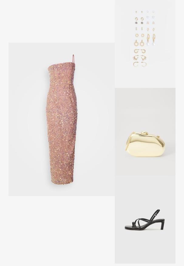 Rochie midi fără bretele, ajustată pe corp, într-o nuanță roz deschis, împodobită cu paiete pentru textură și strălucire. Siluetă elegantă cu decolteu drept.; Sandal cu barete negre, cu vârf pătrat și toc mic de bloc. Prezintă mai multe barete subțiri și o bareta ajustabilă la gleznă. Fabricat din piele netedă.; Clutch metalizat de culoare aurie, cu o formă netedă și rotundă, având un închizător tip buton în partea de sus și o curea mică pentru purtare.; Set de cercei aurii, cu diverse designuri, inclusiv cercei tip stud, cercei hoop și cercei lungi cu perle și strassuri.