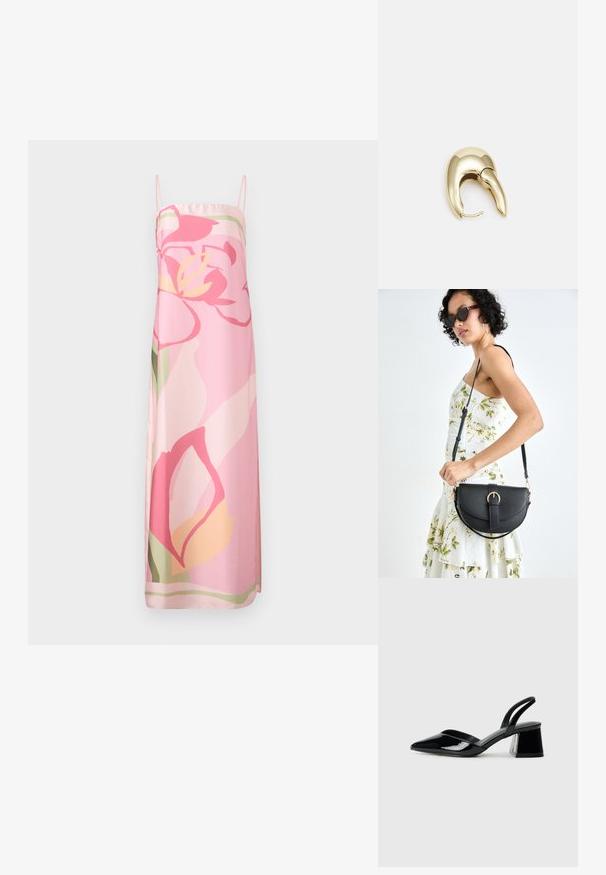 Vaaleanpunainen hihaton mekko, jossa on kukkakuosi eri sävyissä vaaleanpunaista, keltaista ja vihreää. Valmistettu sileästä kankaasta suoran siluetin omaavana.; Mustat patentoitu nahkakengät, joissa on säären takaosa ja terävä kärki, sekä geometrinen palikkakorko. Sisältää tyylikkään, minimalistisen muotoilun ja sileän pinnan.; Musta nahkainen käsilaukku, joka on kaareva muotoilultaan, irrotettavalla hihnalla ja kultaisilla yksityiskohdilla. Laukussa on läppä, jossa on solk yksityiskohta.; Kultahipuinen korvakoru, jossa on sulavalinjainen, kaareva muotoilu. Ominaisuuksiin kuuluu erottuva terävä muoto, kiillotettu pinta ja sarana kiinnitys.